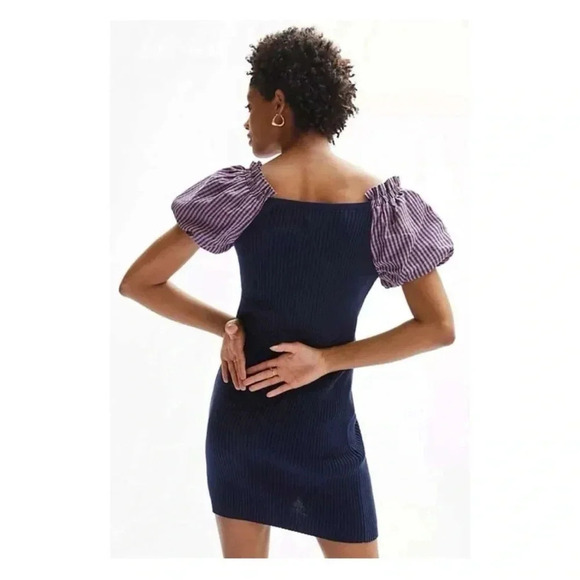 Maeve Anthropologie Navy Button Up Ribbed Knit Puff Sleeve Dress Size Large - Picture 2 of 10